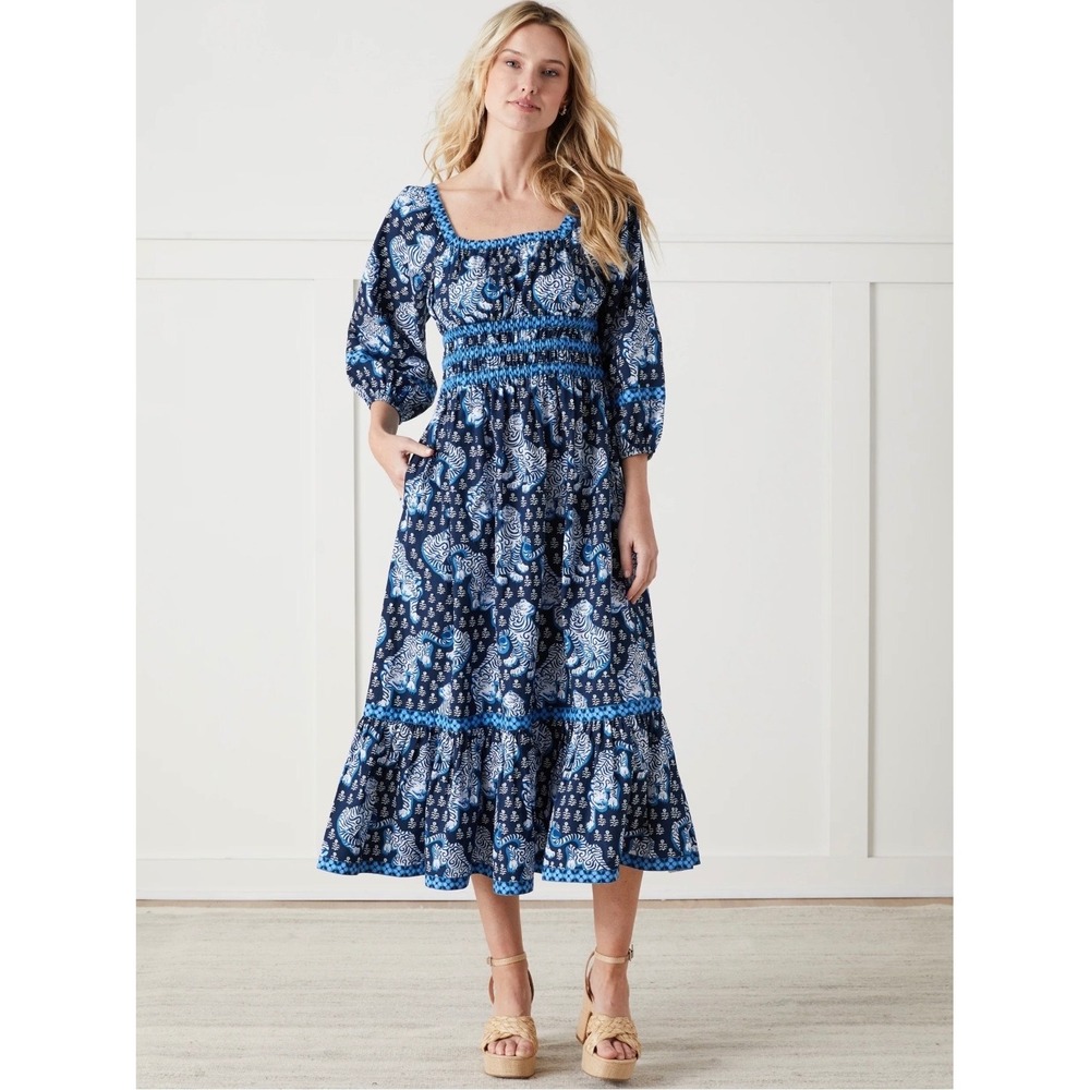 Printfresh Tiger Queen Navy Blue Stroll Around Dress Organic Cotton Boho Large